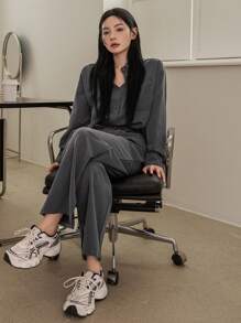 Dazy-Less 纯色纽扣前开襟落肩衬衫和开衩裤，复古风格，女士两件套，返校季服装，商务休闲女装，居家服套装 - 灰色 - 查看 8