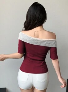 DAZY تيشيرت نسائي جسم كامل بأكمام قصيرة مفتوح من الكتف مع لمسات ملونة و تزيين بفيونكة ، مناسب لرأس السنة الجديدة والصيف، توب أوف شولدر