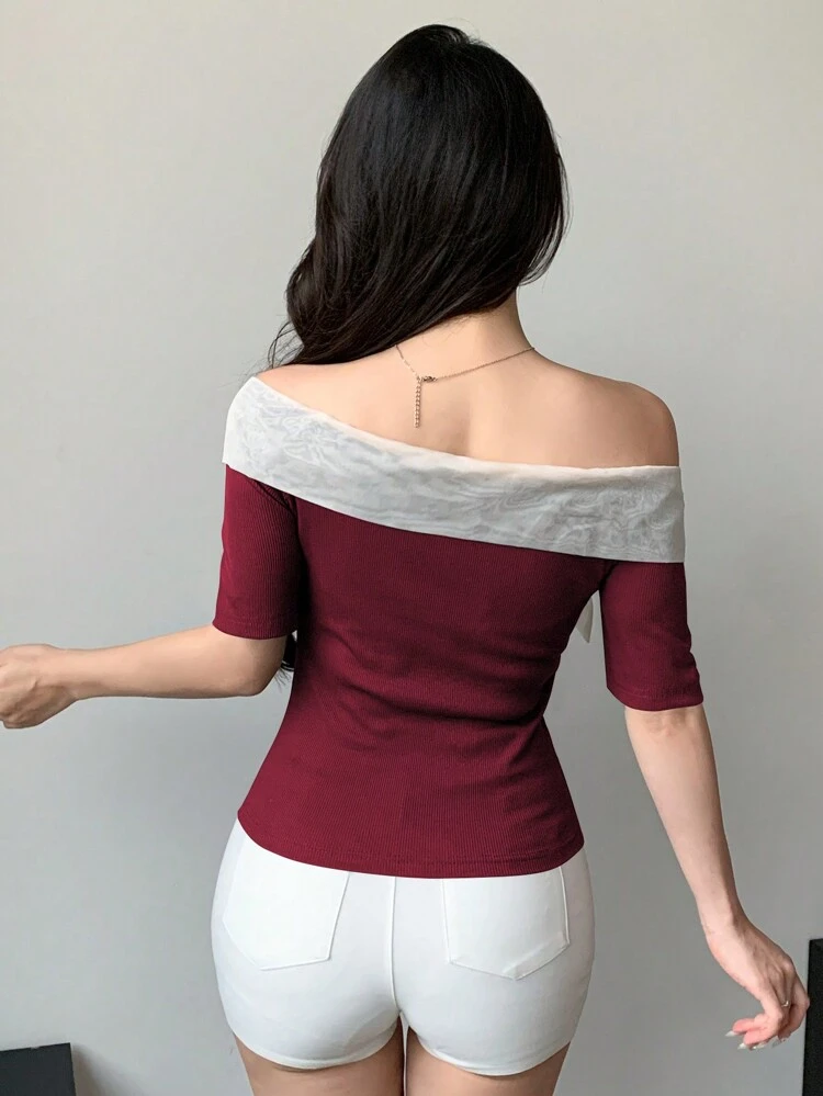 Women's Open Shoulder Bodycon Short Sleeve T-Shirt With Color Blocking & Bow Decor ,New Year Eve Summer,Off Shoulder Top Christmas