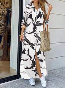 女士时尚长袖印花衬衫领休闲长裙