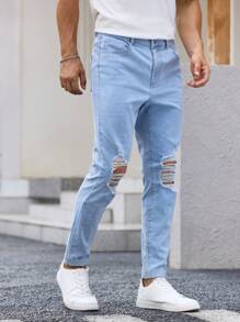 Manfinity Homme Men's Light Blue Washed Casual Slim Fit Jeans With Distressed Details - Light Wash - View 5
