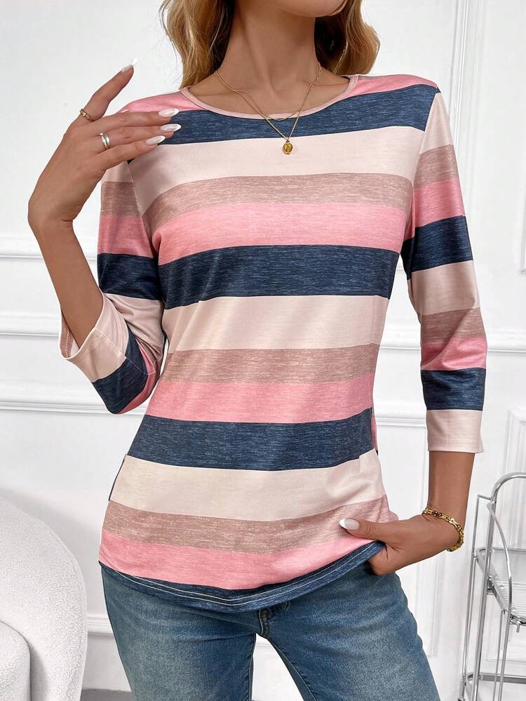 Camiseta Casual Feminina de Primavera/Verão com listras, decote redondo e mangas 3/4