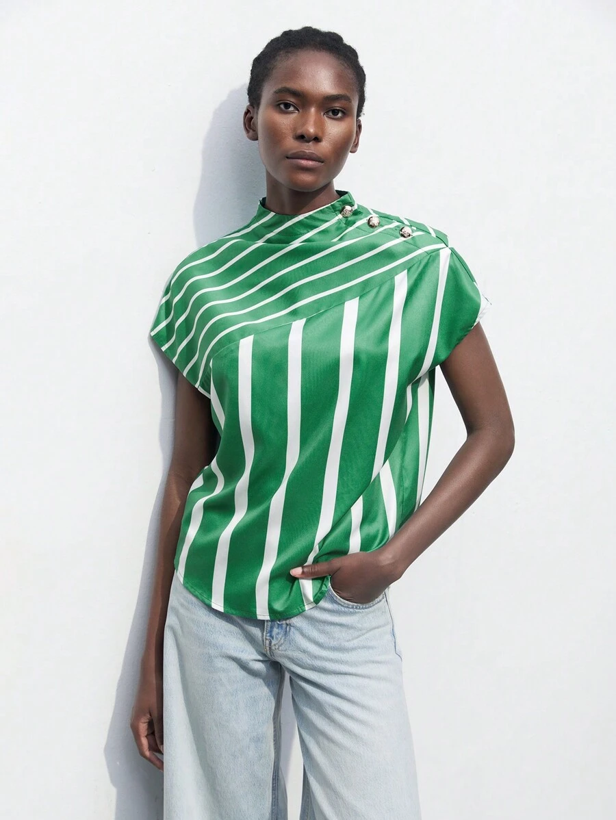 Maija 條紋印花立領蝙蝠袖上衣 - 綠色 - 查看 1