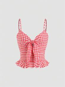 Sweetra Cami-top met gingham-print en knoop aan de voorkant met ruches aan de zoom