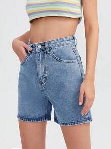 SHEIN EZwear 女裝純色簡約日常丹寧短褲 - 深色水洗藍 - 查看 5