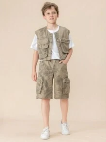 Tween Boys Casual Denim Suit With Multi-Pocket Design, Fashionable Cargo Style, Stonewashed - Army Green - View 1