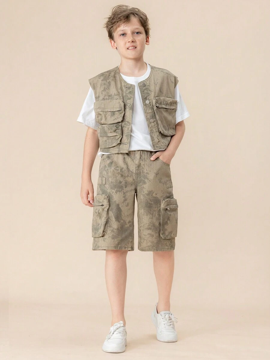 Tween Boys Casual Denim Suit With Multi-Pocket Design, Fashionable Cargo Style, Stonewashed - Army Green - View 1