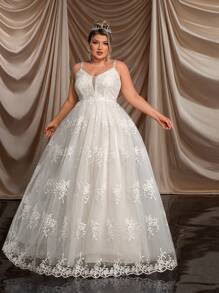 SHEIN Belle Plus Size White Handmade Exquisite Lace Applique Elegant A-Line Wedding Dress For Brides - White - View 5