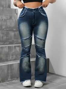 SHEIN ICON Women's Plus Size Patchwork Fringe Hem Flared Casual Jeans
