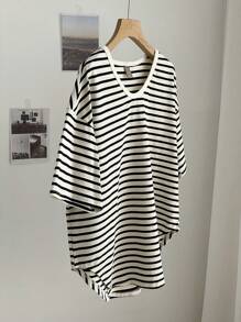 Dazy-Less 条纹印花落肩开衩 T 恤老式风格超大 T 恤商务休闲女士工作服 - 黑與白 - 查看 9