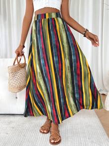 SHEIN Clasi Falda larga casual de cintura alta con rayas de colores para mujer - Multicolor - Ver 1