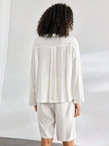 Ocili Leisure Ladies' Solid Color Long Sleeve Front Button Top And Shorts Summer Pajama Set - White - View 2