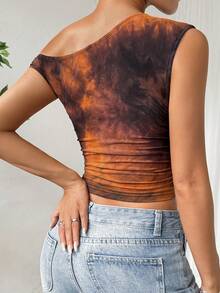 SHEIN Muchic Top asimétrico de mujer con cuello en estampado tie-dye - Marrón - Ver 2