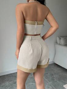 Chiquease 女裝休閒色塊露肩上衣和短褲套裝，夏季 - 彩色 - 查看 2