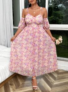 Sunnyshic Plus Size Women's Random Printed Romantic Pleated Long Dress
