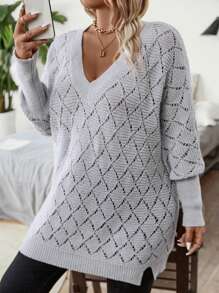 Calvaya Plus Size Vintage Fashionable V-Neck Hollow Out Sweater Knit Pullover Fall Winter - Grey - View 5