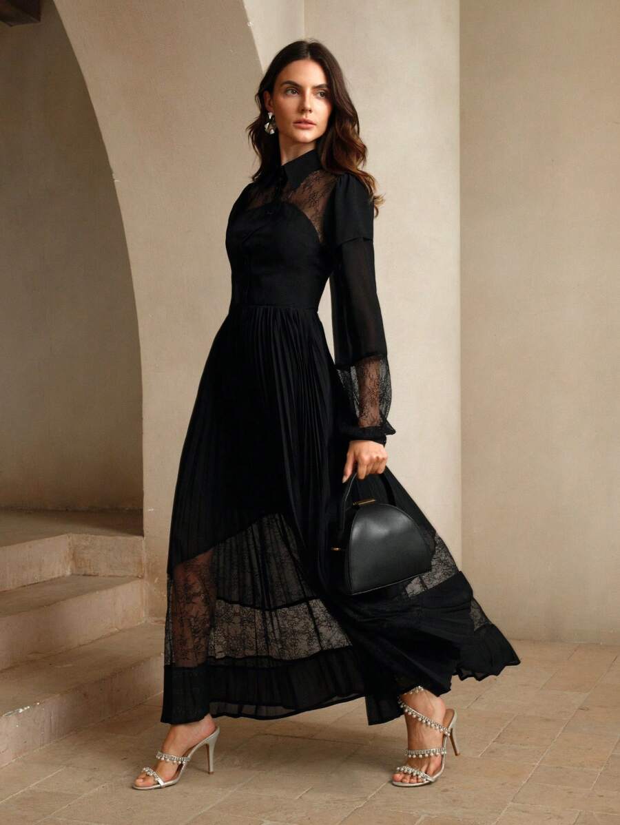 Anewsta Lace Mesh Cocktail Party See-Through Dress Maxi Women Outfit