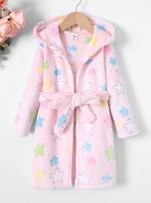 SHEIN Leap Crew Young Girl Star Print Hooded Belted Fuzzy Robe - Multicolor - View 5