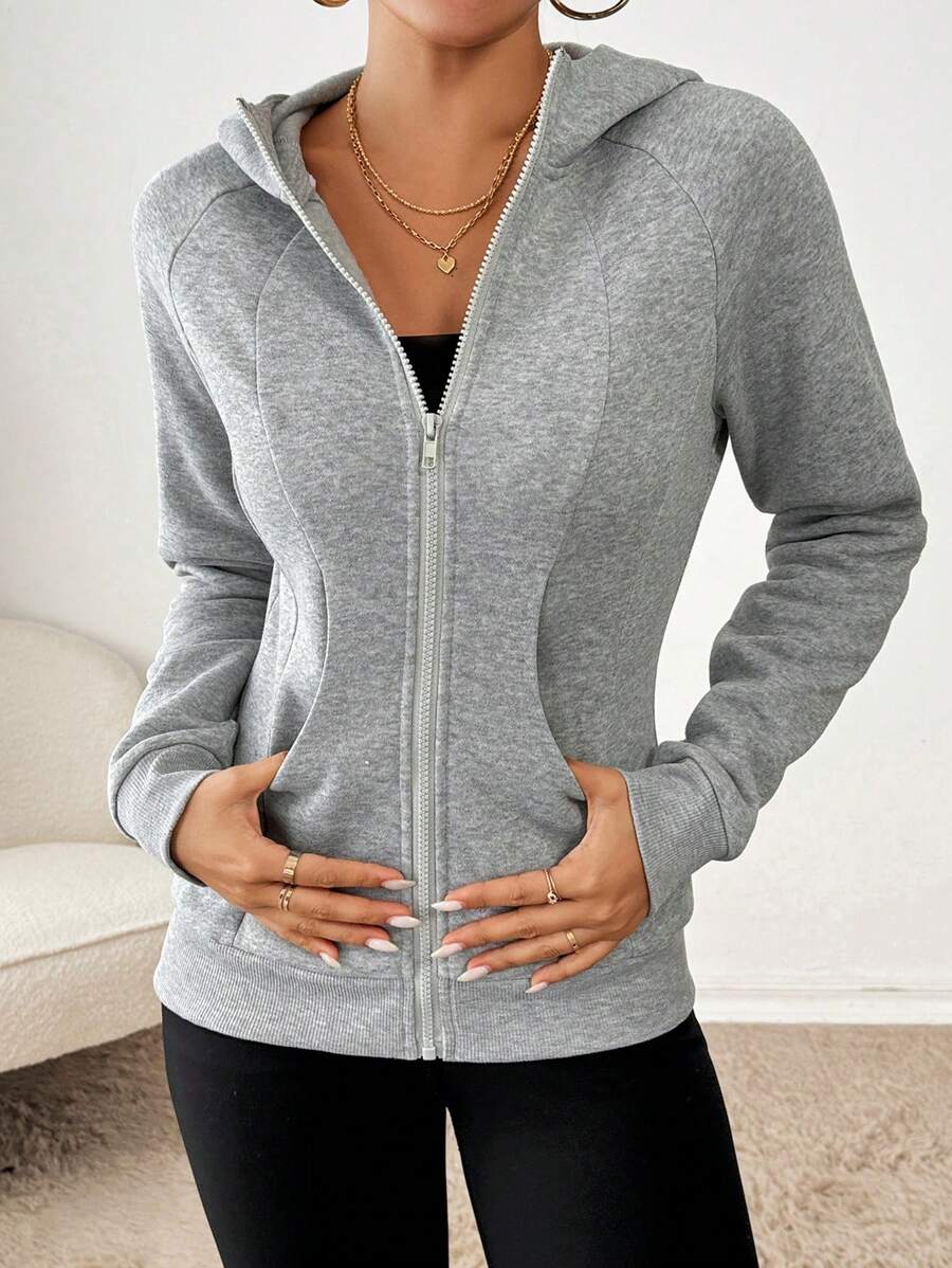 SHEIN Essnce Women's Casual Fashion Grey Slim Fit Regular Hooded Long Sleeve Coat Zip Up Women Hoodie Essentials Hoodie Women Tracksuit Workout Jacket Fall Women Clothes - Grey - View 1