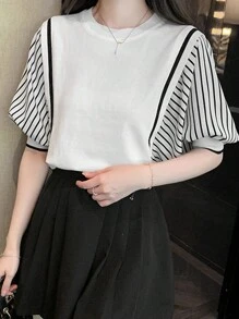 Contrast Color Striped Loose Casual Street Style Short Sleeve Knit Top, Summer White - White - View 2