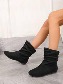 Black Pleated Slip-On Flats, Round Toe, Comfortable And Versatile, Suitable For Daily And Commuting Wear, Women's Ankle Boots And Short Boots In Wide Widths