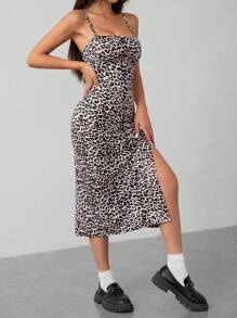 SHEIN PETITE 秋季豹紋性感高衩中長吊帶連衣裙 - 卡其色 - 查看 5