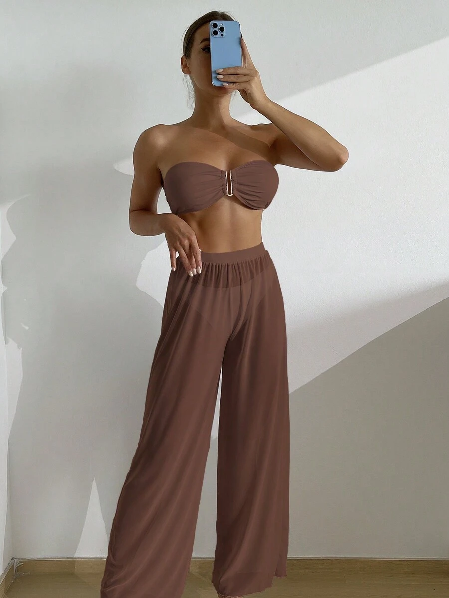 SHEIN Swim Bộ bikini Bandeau xếp nếp màu trơn dành cho nữ, kèm quần che, đồ đi biển mùa hè 3 món - Cà phê nâu - Xem 1