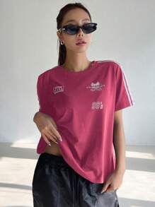 DAZY Motorcycle-Inspired Pattern Colorblock Short Sleeve T-Shirt,Fall Clothes Preppy Tops - Hot Pink - View 5