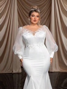 SHEIN Belle Plus Size White Luxury 3D Handmade Beaded Lace Applique Wedding Dress Bridal With Elegant Fish Tail And Long Train Long Sleeve Dress