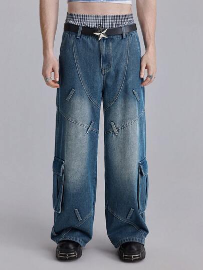 ROMWE Avant Men's Loose Wide Leg Casual Denim Pants With Pockets, Workwear