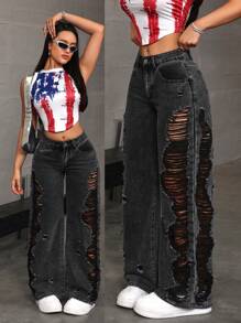 SHEIN ICON High Waist Solid Ripped Wide Leg Jeans - Black - View 1