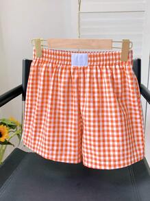 SHEIN EZwear Shorts de verano casuales de cuadros tejidos naranja para mujer