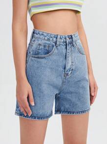 SHEIN EZwear 女裝純色簡約日常丹寧短褲 - 深色水洗藍 - 查看 3