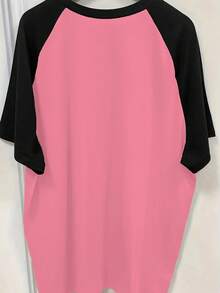 Camiseta casual de verano con mangas raglán, bloque de color y estampado de letras para mujer, color rosa - Rosa - Ver 2