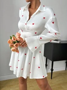 Chiquease Heart Print Flounce Sleeve Shirt Dress For Holiday