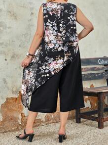 Top asimétrico sin mangas de talla grande con aro redondo e impresión de flores aleatoria y pantalones de unicolor, atuendos casuales de verano - Negro - Ver 2