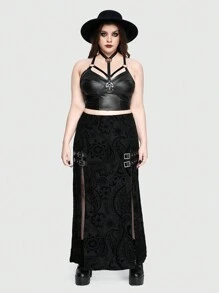 ROMWE Goth Falda gótica de talla grande para mujer con adornos metálicos de tela flocada y doble abertura en los muslos - Negro - Ver 4