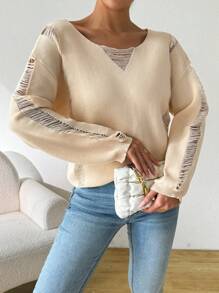 SHEIN Essnce 女士纯色船领长袖钩针套头毛衣，杏色毛衣 - 杏色 - 查看 4