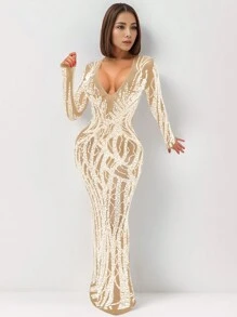 性感夜店鑲有水晶的透視網眼閃粉女裝連衣裙 - 杏色 - 查看 1