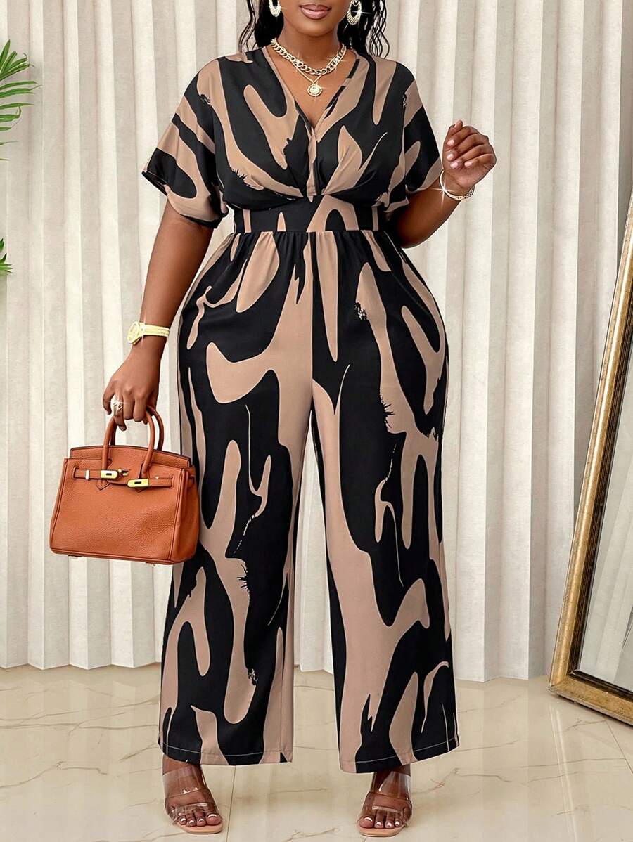 BIUBIU 大码女式优雅深V领蝙蝠袖收腰阔腿连体裤，休闲假日时尚长款连体裤，随机图案