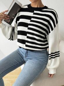 SHEIN Essnce 休閒黑白條紋女裝毛衣 - 黑與白 - 查看 3