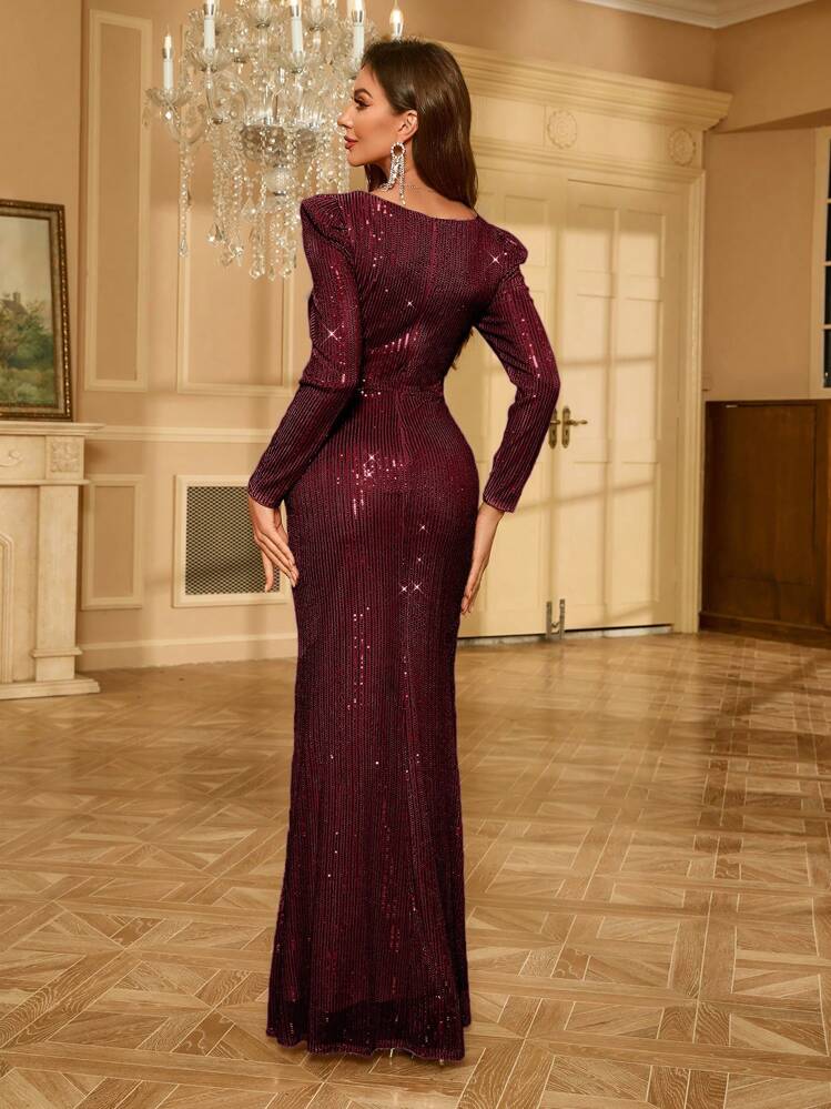 UNITHORSE فستان رسمي طويل الأكمام بياقة مربعة مرصع بالترتر، فستان سهرة أنيق لحفلات الزفاف والحفلات المسائية، مناسب للتخرج وحفلات العشاء، فستان عروس، ملابس نسائية لعيد الميلاد، فستان، ثوب ربيعي - عنابي اللون - مشاهدة 2