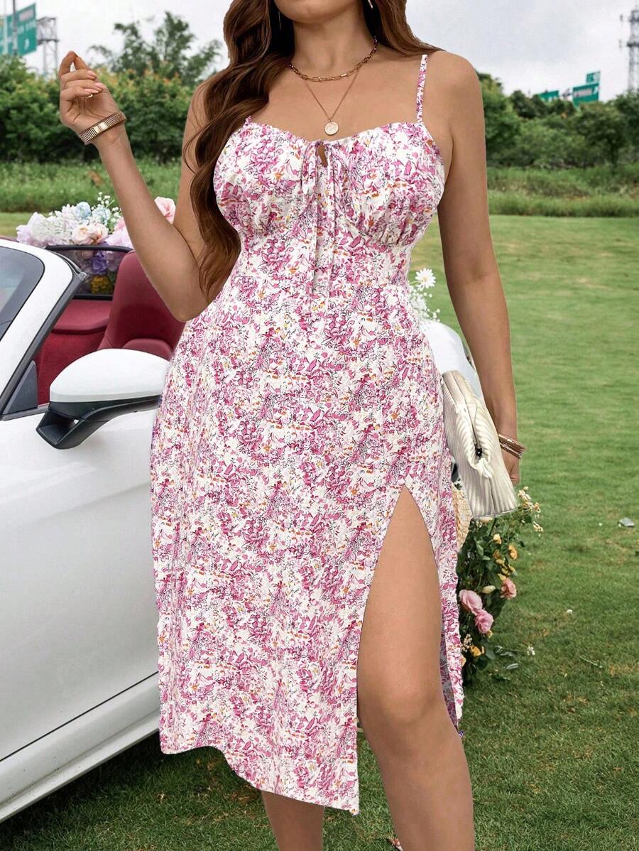 SHEIN Clasi Plus Allover Floral Print Knot Front Split Thigh Cami Dress - Multicolor - View 1