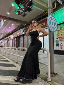 Flirla Plus Size Party Fashion Camisole Top With Skirt Set - Black - View 4