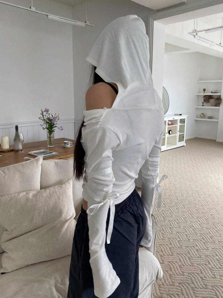 Women's Spring/Summer Solid Color Hooded Off-Shoulder Loose Fit T-Shirt Long Sleeve Women Tops