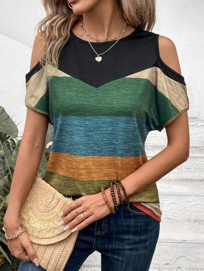 EMERY ROSE Color Block Round Neck Hollow Sleeve Casual Summer Short Sleeve T-Shirt Graphic Tees Women Tops