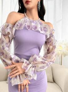 Modelyn Floral Print Ruffle Trim Flounce Sleeve Cold Shoulder Dress Long Evening Dresses - Purple - View 4