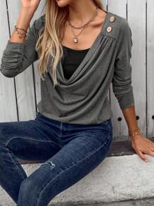 SHEIN LUNE Women's Spring And Summer Square Neck Long Sleeve Button Decor Casual T-Shirt - Multicolor - View 5