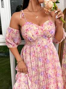 Sunnyshic Plus Size Women's Random Printed Romantic Pleated Long Dress