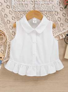 Tween Girl Loose Casual Sleeveless Ruffle Short White Shirt With Simple Lapel - White - View 1